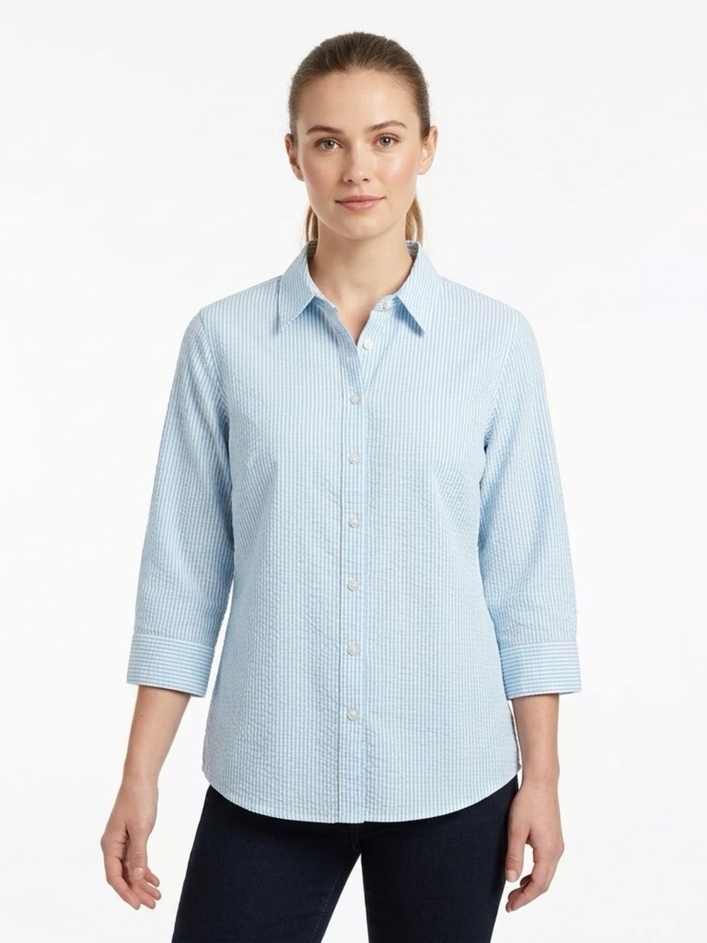 L.L. Bean Women's M Blue White Seersucker Stripe 3/4 Sleeve Button Shirt 254733